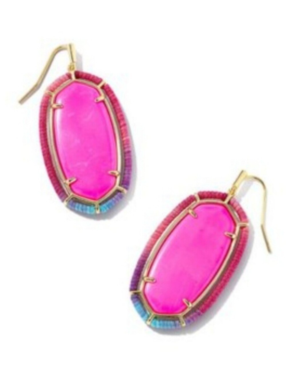 Kendra Scott Bright Pink Oval Drop Earrings with Gold Accents